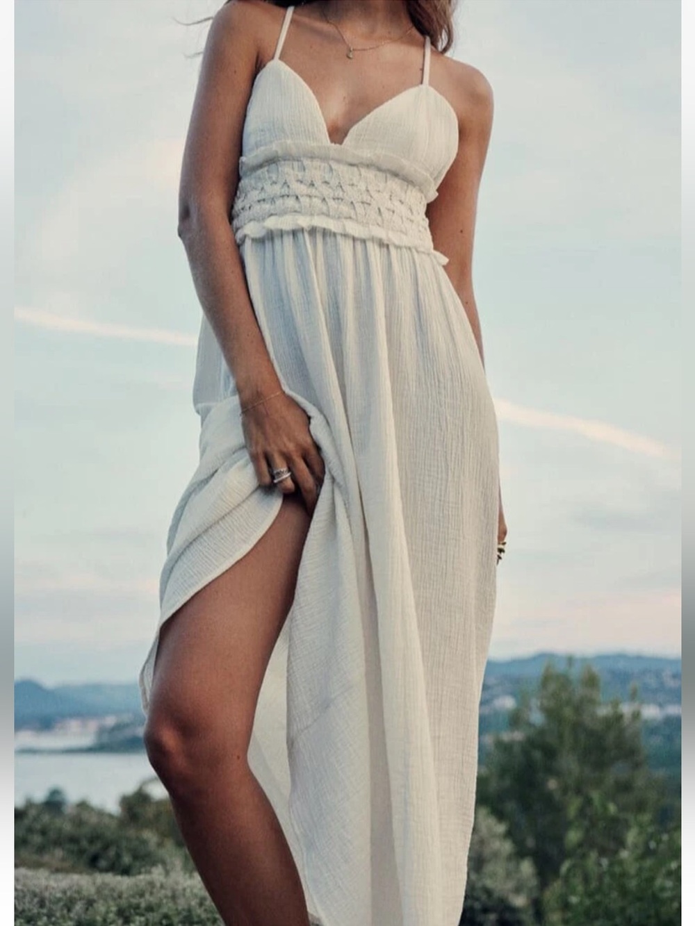 Zara Cream Crocheted High Waist Textured Knit Maxi Dress